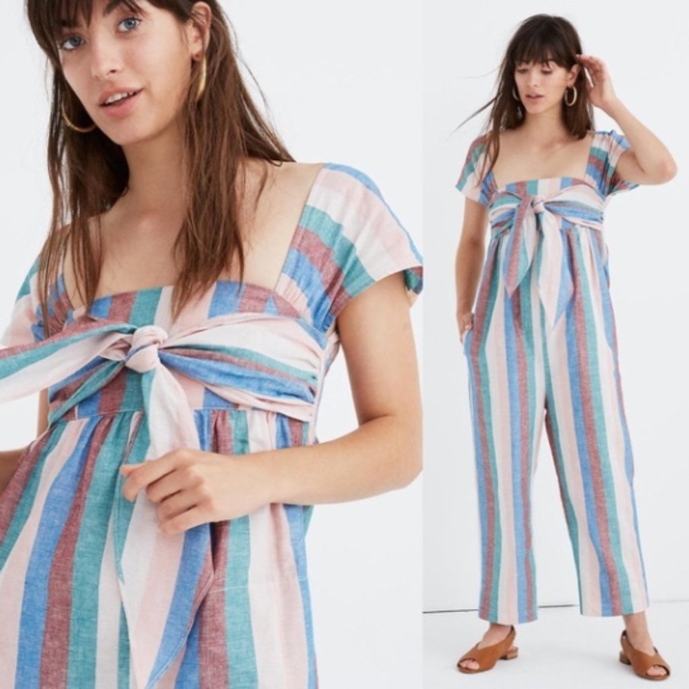 Madewell Cap-Sleeve Tie Jumpsuit in Flagstaff Stripe Linen cotton blend size 8